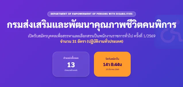 กรมส่งเสริมและพัฒนาคุณภาพชีวิตคนพิการ เปิดรับสมัครพนักงานราชการทั่วไป 31 อัตรา (หลายจังหวัด)
